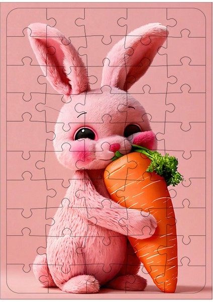 Ahşap Mdf Puzzle Yapboz Pembe Tavşan ve Havuç 50 Parça 35 x 50 cm