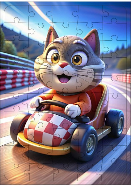 Ahşap Mdf Puzzle Yapboz Go Kart Kullanan Kedi 50 Parça 35 x 50 cm