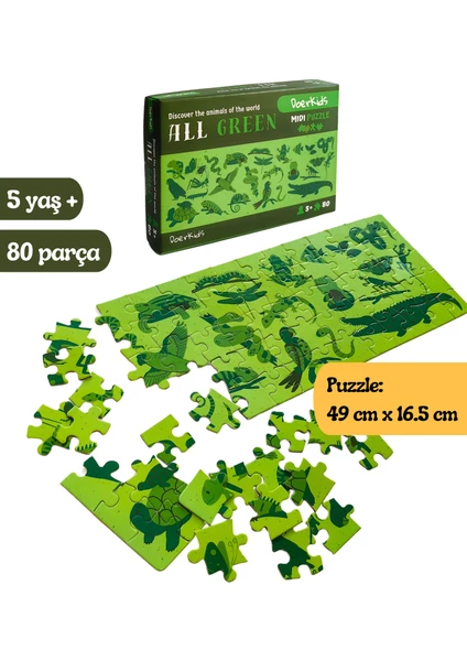 Doerkids All Green-Yeşil Hayvanlar Midi Puzzle | 80 Parça 5+ Yaş