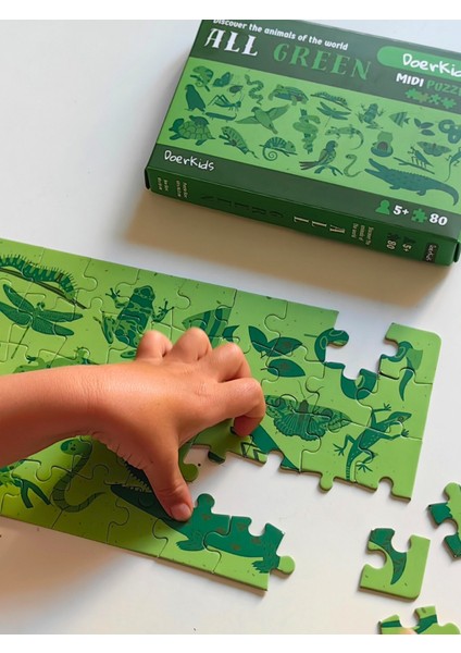 Doerkids All Green-Yeşil Hayvanlar Midi Puzzle | 80 Parça 5+ Yaş