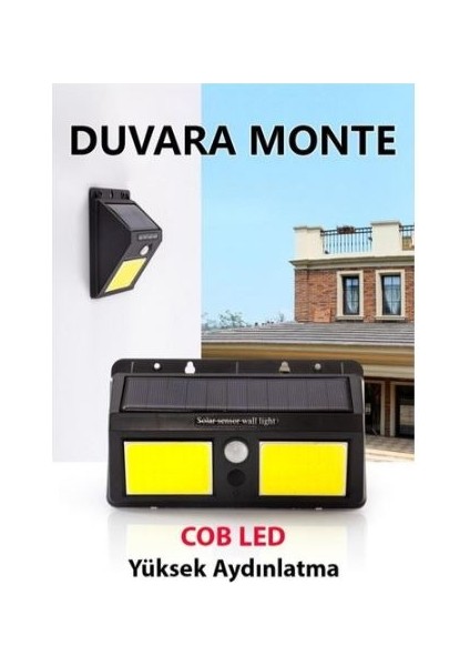 Güneş Enerjili Kablosuz Sensörü Çifli Solar Cob 96 LED Duvar Tipi Aplik -1626B