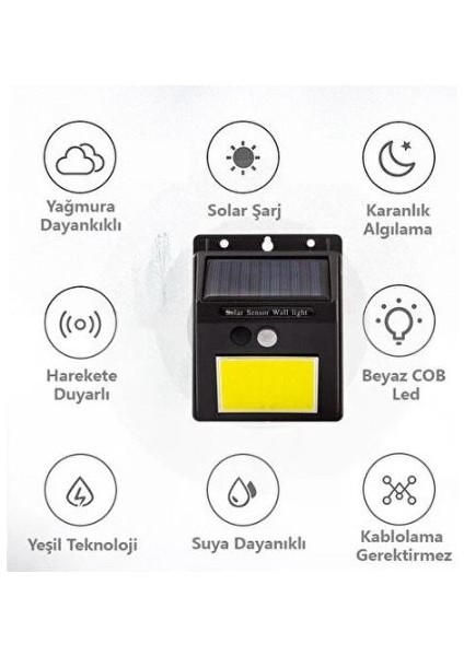 Güneş Enerjili Kablosuz Sensörü Çifli Solar Cob 96 LED Duvar Tipi Aplik -1626B