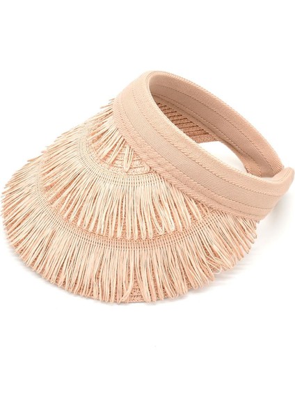 Kadın Hasır Saçaklı Boho Vizör Şapka Pembe SS24