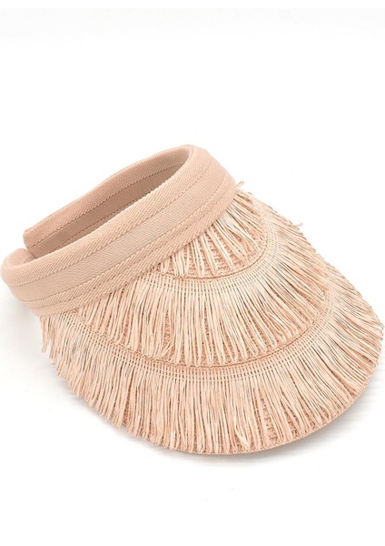 Kadın Hasır Saçaklı Boho Vizör Şapka Pembe SS24