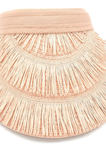 Kadın Hasır Saçaklı Boho Vizör Şapka Pembe SS24