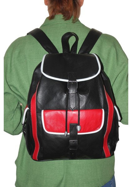 Hakiki Deri Sırt Çantası Siyah Kırmızı Beyaz Garnili 3 Cep Model ÇNTDRSYHKRMZBYZ3CEP01 Okulda,İşte,Kursta,Tatilde fiyatları