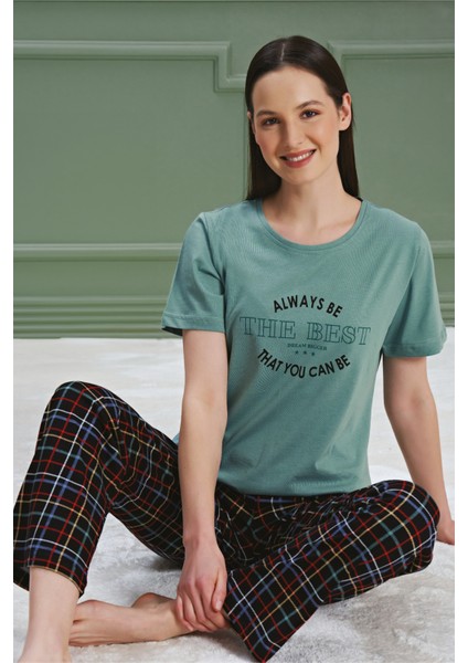Kadın Yüksek Kalite Pamuklu Ekose Model Eş Kombinli Sıfır Yaka Kısa Kol Çağla Pijama Takımı