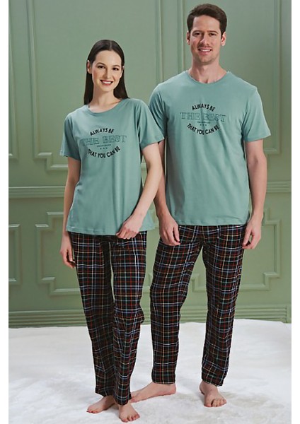 Kadın Yüksek Kalite Pamuklu Ekose Model Eş Kombinli Sıfır Yaka Kısa Kol Çağla Pijama Takımı