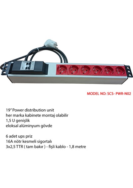 Kabinet Prizi - 19"inch , 6lı Ups , Sigortalı , Kablolu Power Grubu ( 6xups Soketli Schuko Grup Priz )