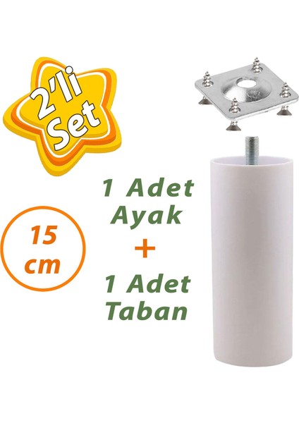 Destek Ayağı 15 cm Beyaz ve Metal Düz Ayak Tabanı M8 Civatalı Ince Diş Mobilya Kanepe Baza Koltuk Seti