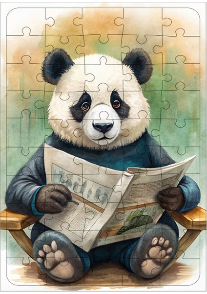 Ahşap Mdf Puzzle Yapboz Gazete Okuyan Panda 50 Parça 35*50 cm