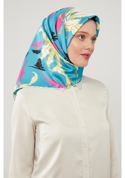 Su Yeşili Yaprak Desen Twill Eşarp
