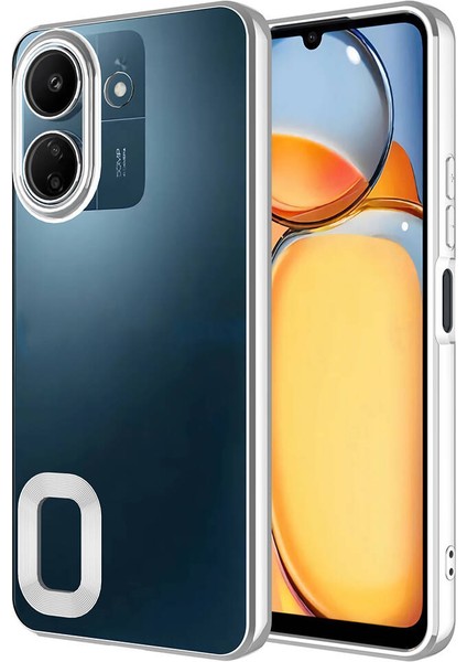 Xiaomi Poco C65 Kılıf Logo Gösteren Kamera Korumalı Silikon Gümüş fiyatları