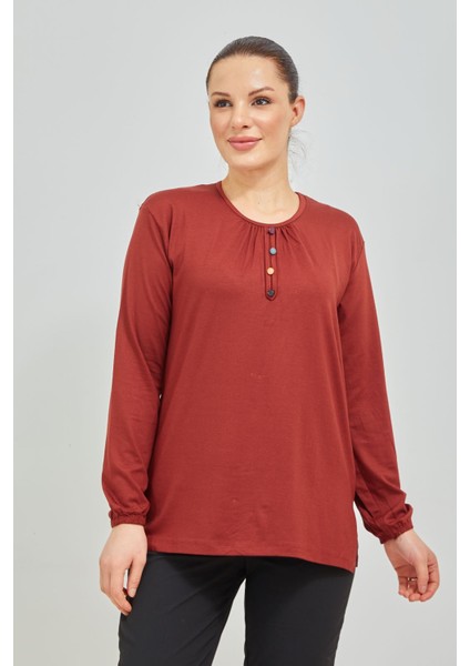 Kadın Kiremit Kolu Lastikli Likralı Penye Bluz