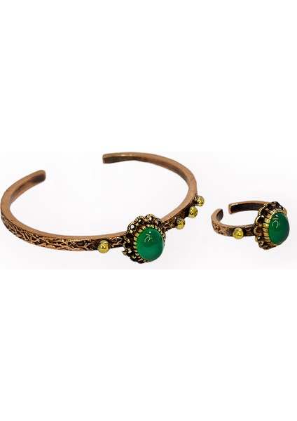 Yeşil Akik Taşlı Bakır Bileklik ve Yüzük modelleri