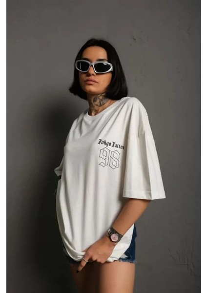 Bisiklet Yaka Baskılı Oversize T-Shirt - Beyaz