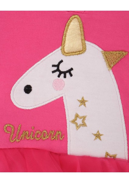 Kız Bebek Unicorn Baskılı Kapüşonlu Penye Tüllü Elbise