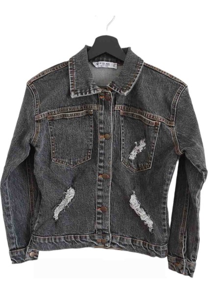 Kadın Siyah Renk Cep Detaylı Kot Ceket Yırtık Model Denim Jeans