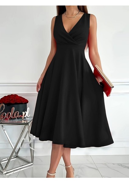 Kadın Ithal Krep Kumaş Kruvaze Yaka Eteği Kloş Kolsuz Mini Elbise