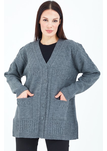Kadın Gri Düğmeli Yün Anne Triko Kısa Hırka fiyatları