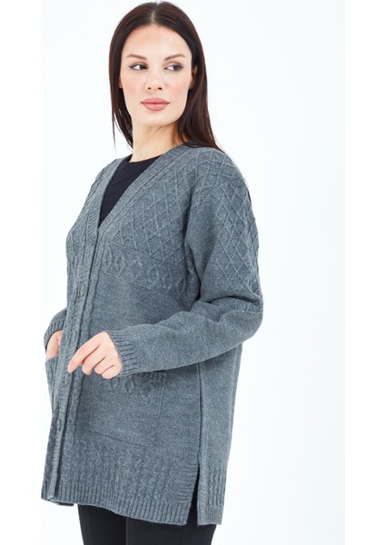 Kadın Gri Düğmeli Yün Anne Triko Kısa Hırka indirimleri