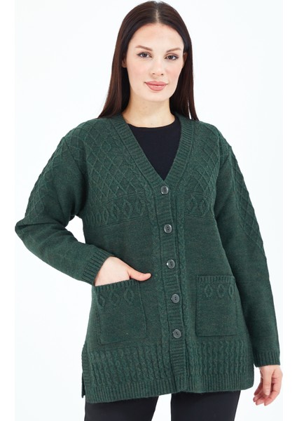 Kadın Haki Yeşil Düğmeli Yün Anne Triko Kısa Hırka