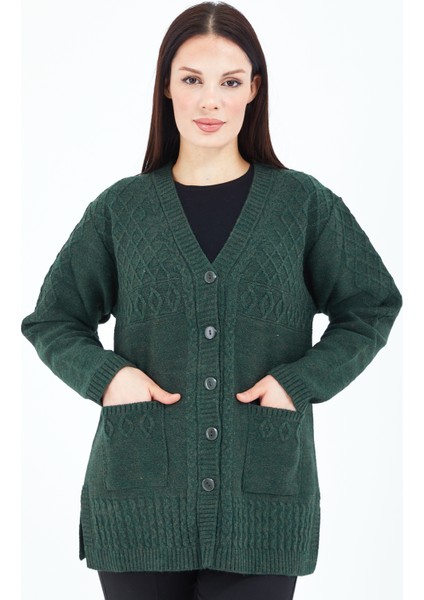 Kadın Haki Yeşil Düğmeli Yün Anne Triko Kısa Hırka fiyatları