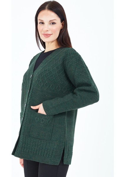 Kadın Haki Yeşil Düğmeli Yün Anne Triko Kısa Hırka modelleri