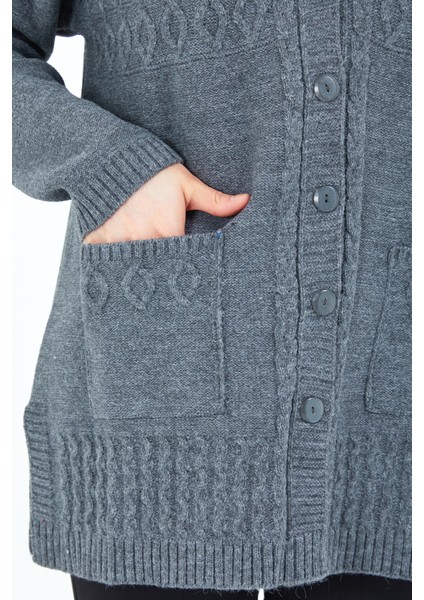 Kadın Gri Düğmeli Yün Anne Triko Kısa Hırka modelleri