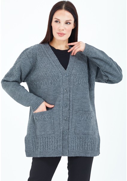 Kadın Gri Düğmeli Yün Anne Triko Kısa Hırka fırsatları