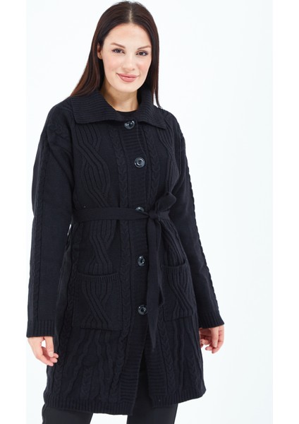 Kadın Siyah Düğmeli Kuşaklı Triko Yün Uzun Hırka fiyatları