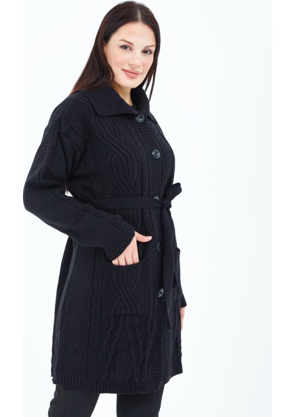 Kadın Siyah Düğmeli Kuşaklı Triko Yün Uzun Hırka modelleri