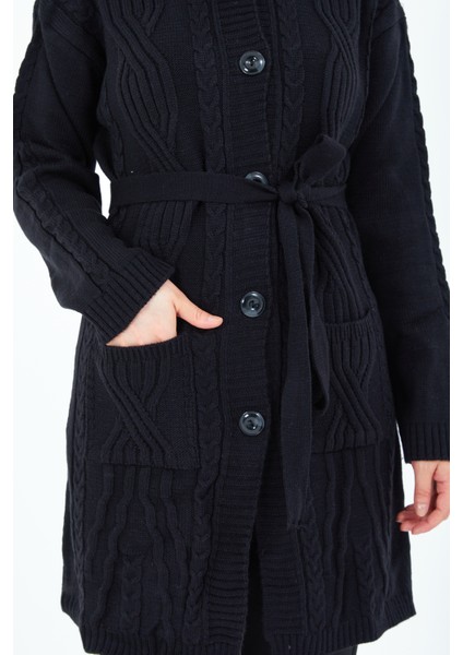 Kadın Siyah Düğmeli Kuşaklı Triko Yün Uzun Hırka indirimleri