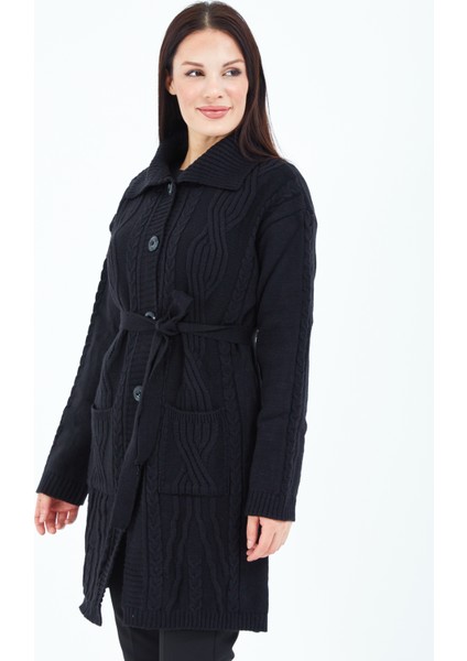 Kadın Siyah Düğmeli Kuşaklı Triko Yün Uzun Hırka fırsatları