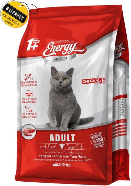 Cat Food Energy Sığır Etli Yetişkin Kedi Maması 500 gr Özel Koli 8 Adet