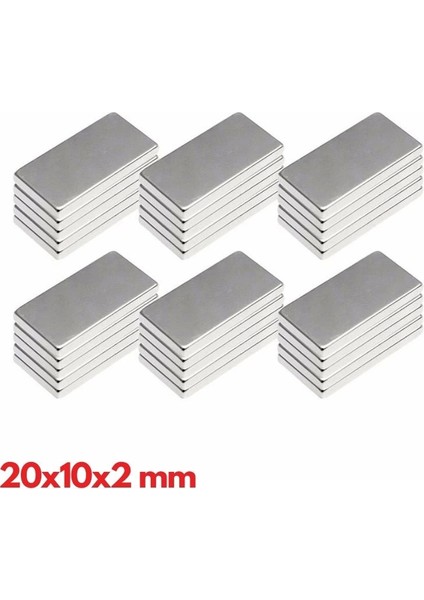 20 Adet 20X10X2 mm Neodyum Mıknatıs , Köşeli N35 Nikel Kaplamalı Ürün