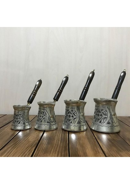 Sedef Kulplu İşlemeli Bakır Cezve Takımı
