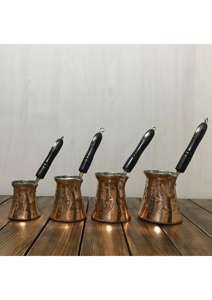Sedef Kulplu İşlemeli Bakır Cezve Takımı