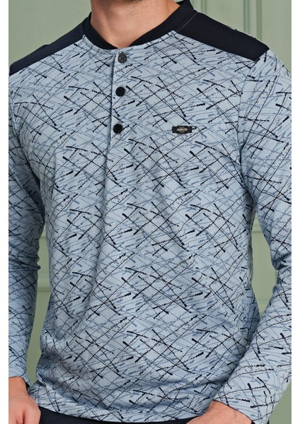 Erkek Yüksek Kalite Pamuklu Uzun Kol Desenli Mavi Pijama Takımı