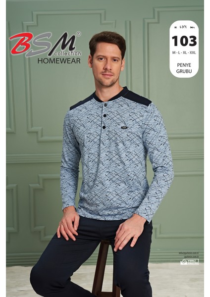 Erkek Yüksek Kalite Pamuklu Uzun Kol Desenli Mavi Pijama Takımı
