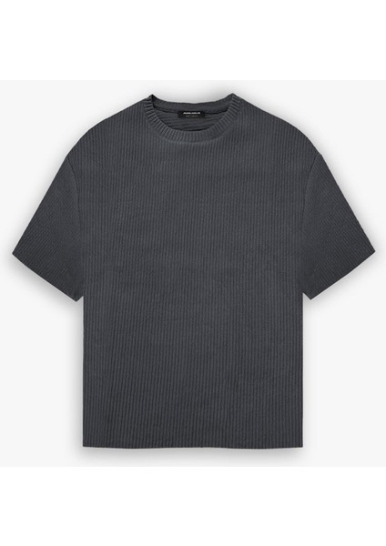 Oversize Çizgi Desenli Esnek ve Hafif Rahat Yazlık T-Shirt Füme