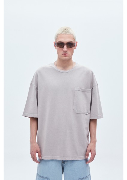 Yıkamalı Etiket Detaylı Oversize T-Shırt-Açık Gri