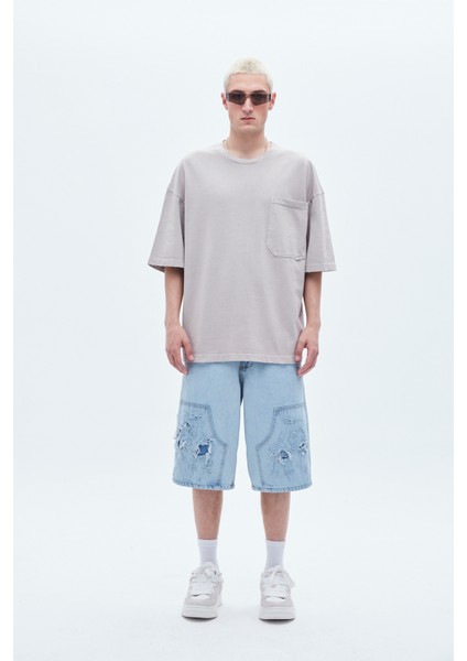 Yıkamalı Etiket Detaylı Oversize T-Shırt-Açık Gri fiyatları