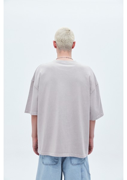 Yıkamalı Etiket Detaylı Oversize T-Shırt-Açık Gri fırsatları