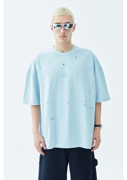Dıstressed Oversıze Tshirt-Açık Mavi