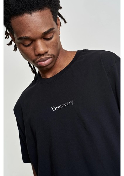 Bisiklet Yaka Discovery Baskılı Siyah Oversize Erkek T-Shirt