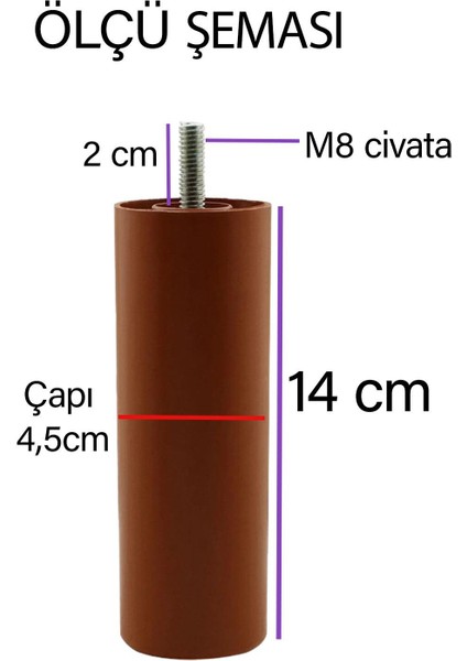 4 Adet Destek Ayağı 14 cm Kahverengi ve 4 Adet Düz Ayak Tabanı M8 Civatalı Ince Diş Kanepe Baza Seti