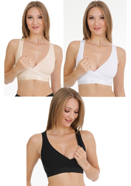 Sporcu Emzirme Büstiyeri 3lü Set Siyah-Beyaz-Ten