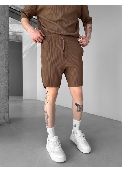 Regular Bol Kesim Fitilli Şort Kahverengi