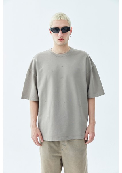 Dıstressed Oversıze T-Shırt-Vizon